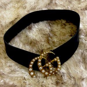 GUCCI MARMONT BELT WITH PEARLS BLACK WIDE WAIST BELT FITS MEDIUM LARGE 90/36